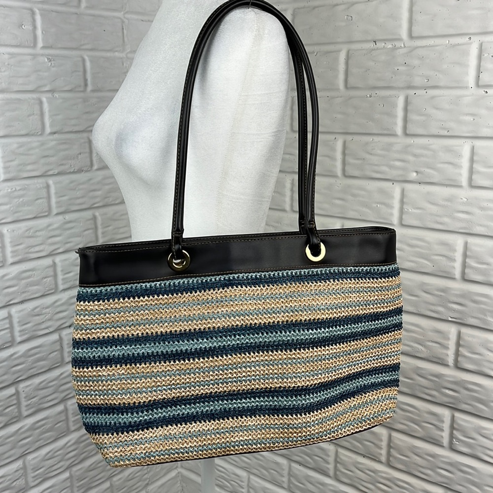 CHARTER CLUB CLASSICS STRIPE WOVEN VEGAN LEATHER ZIP TOP TOTE